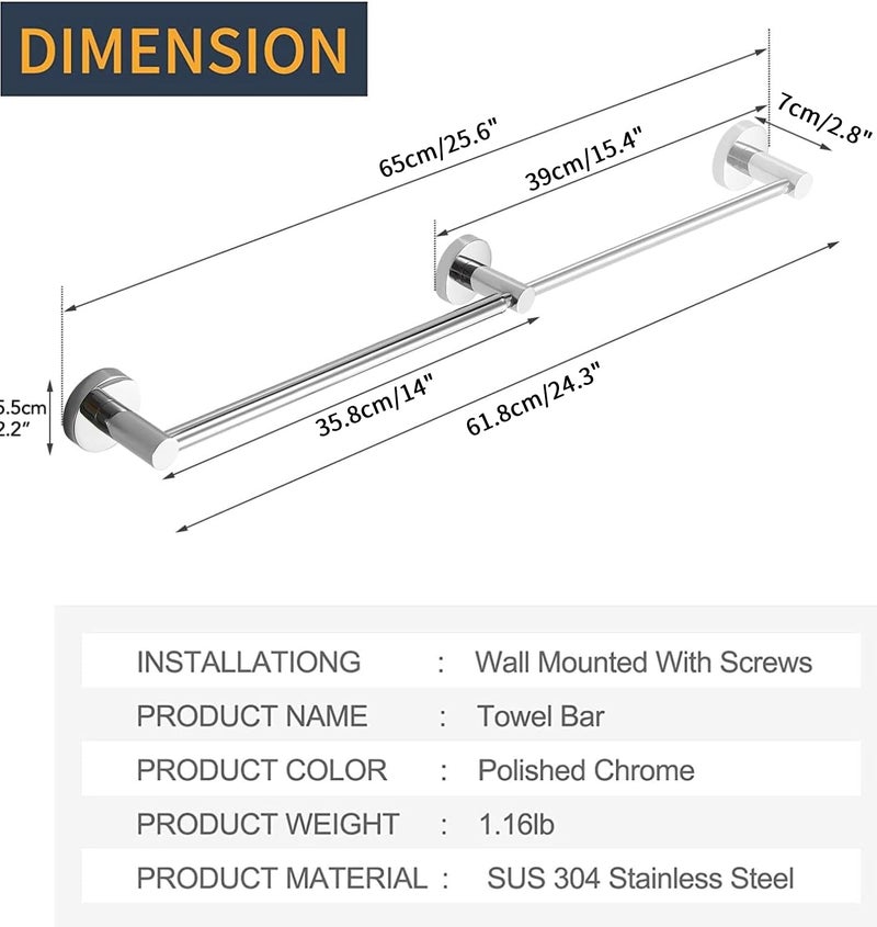 BESy Adjustable 15 to 26 Inch Single Bath Towel Bar Rack for Bathroom Accessories SUS304 Stainless Steel Towel Holder, Wall Mount with Screws Hand Towel Bar Rod Hotel Style, Polished Chrome - Image 5